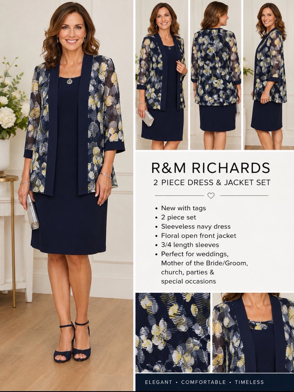 R&M Richards Navy Floral Midi Skirt Dress & Jacket Set